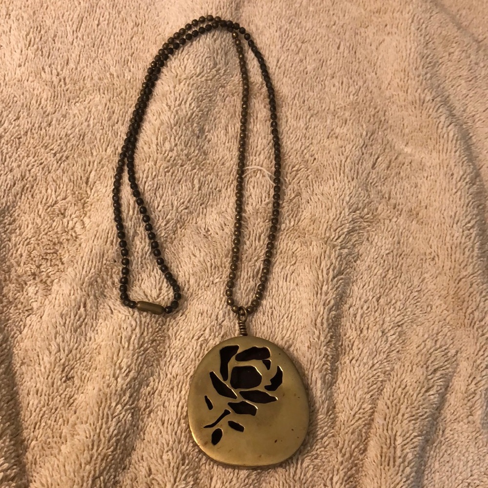 Vintage Brass Rose Cutout Pendant on 13.5” Brass Beaded Chain
